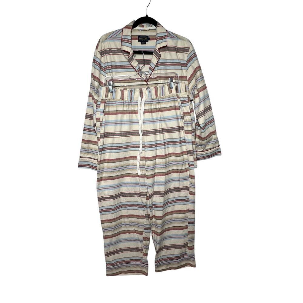 PENDLETON Pajama Set Women L Ivory Scout Stripe Cotton Button Front Crop Pants